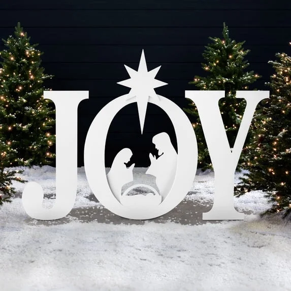 JIOABL Christmas JOY Jesus Nativity Yard Sign, White PVC Board, Easy Assembly, Ground Stakes Included for Outdoor Decor