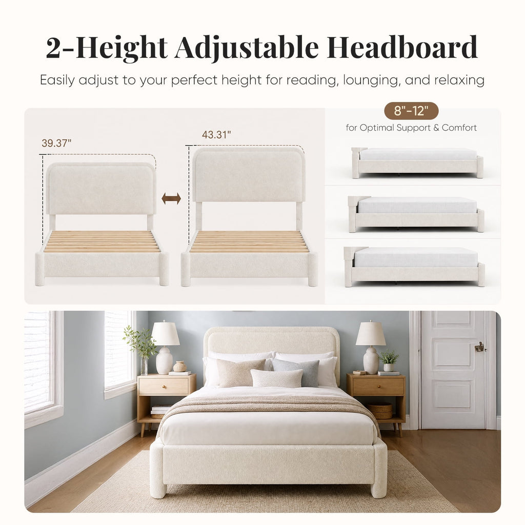 JIOABL Upholstered Platform Bed Frame with Adjustable Headboard, Teddy Fleece Fabric, No Box Spring Needed, White