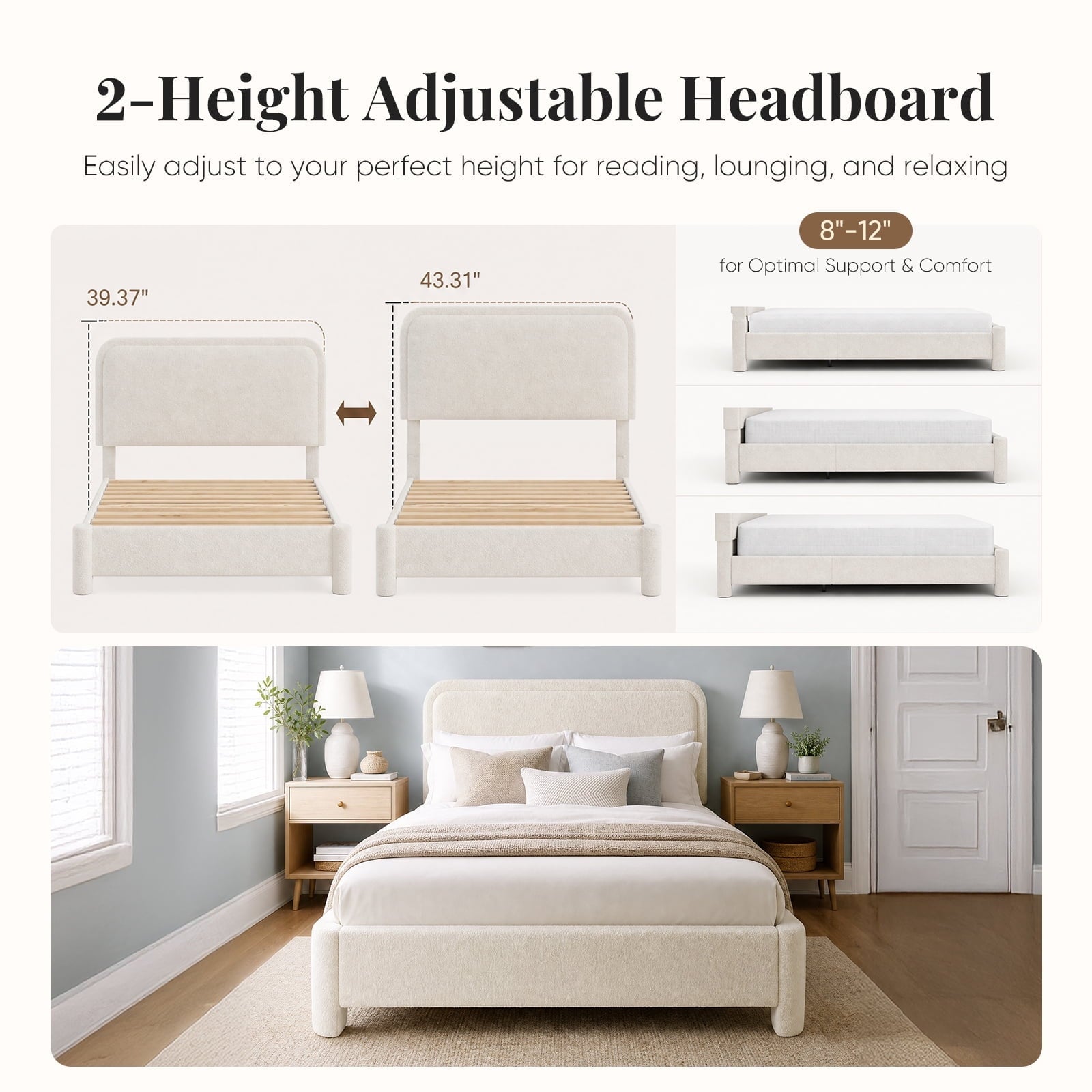 JIOABL Upholstered Platform Bed Frame with Adjustable Headboard, Teddy Fleece Fabric, No Box Spring Needed, White