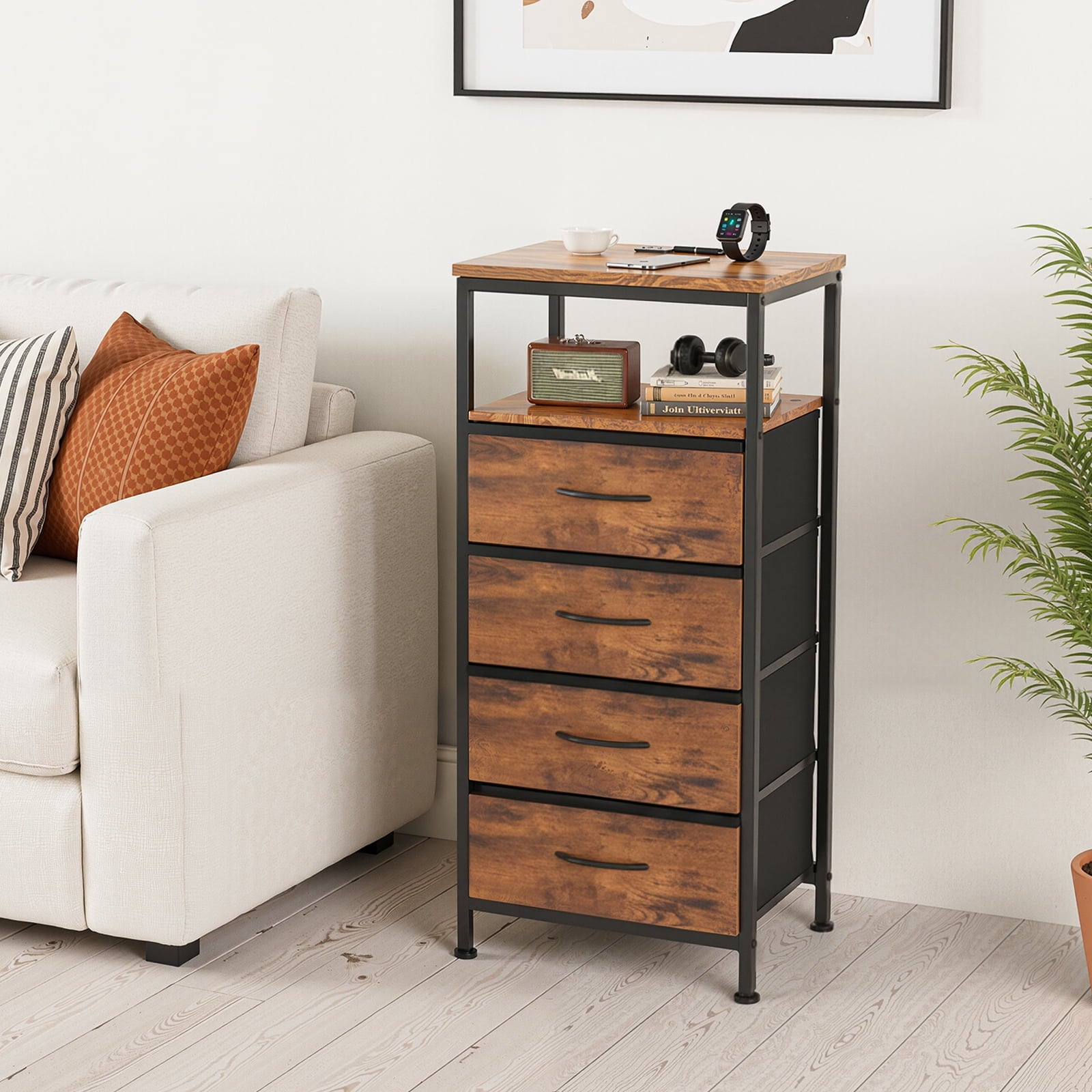 JIOABL Nightstand with USB & Type-C Charging, Fabric Drawers, Metal Frame