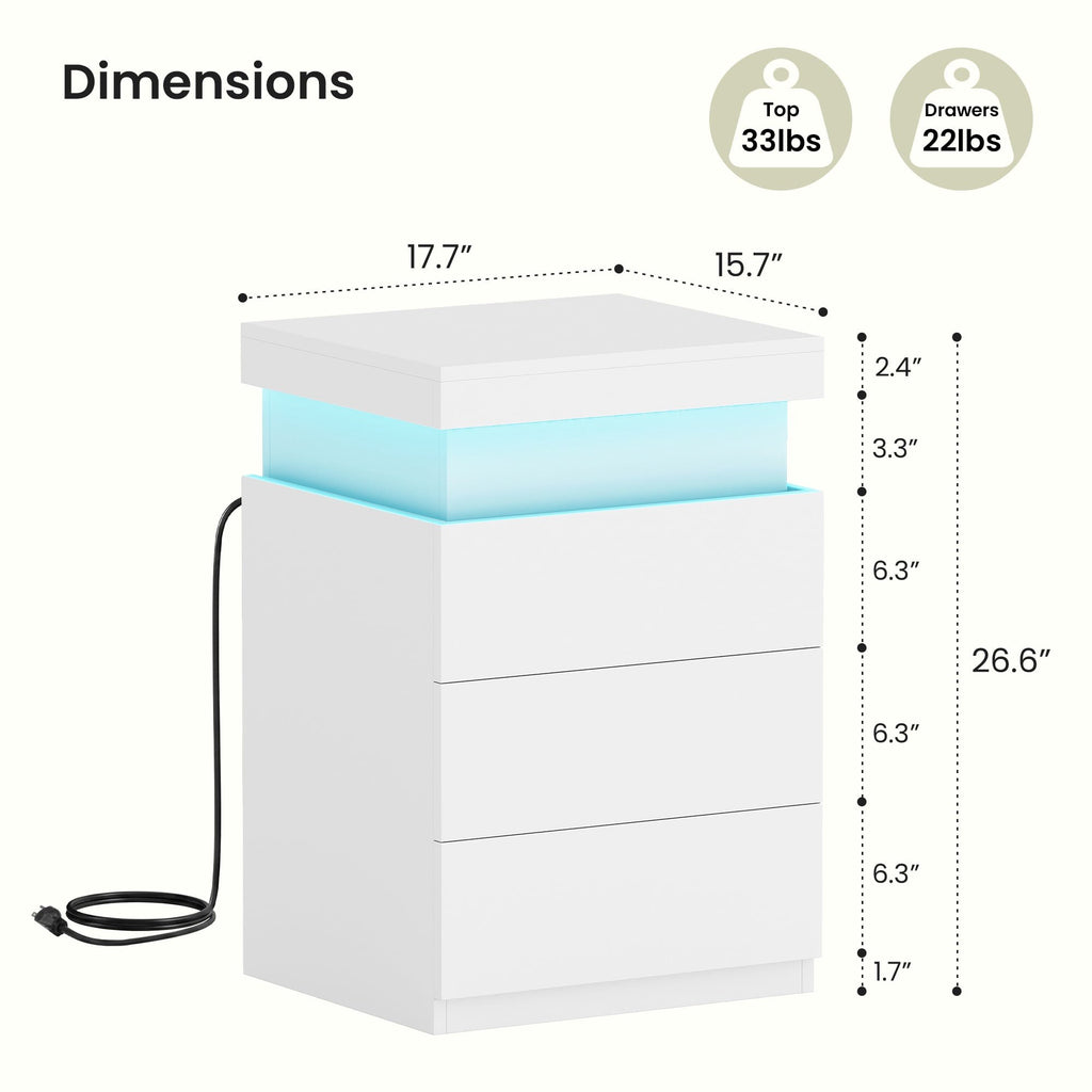 JIOABL Nightstand with Charging Station and RGB LED Light, 3 Drawers, Sliding Top, Bedside Table for Bedroom, Living Room and Dorm