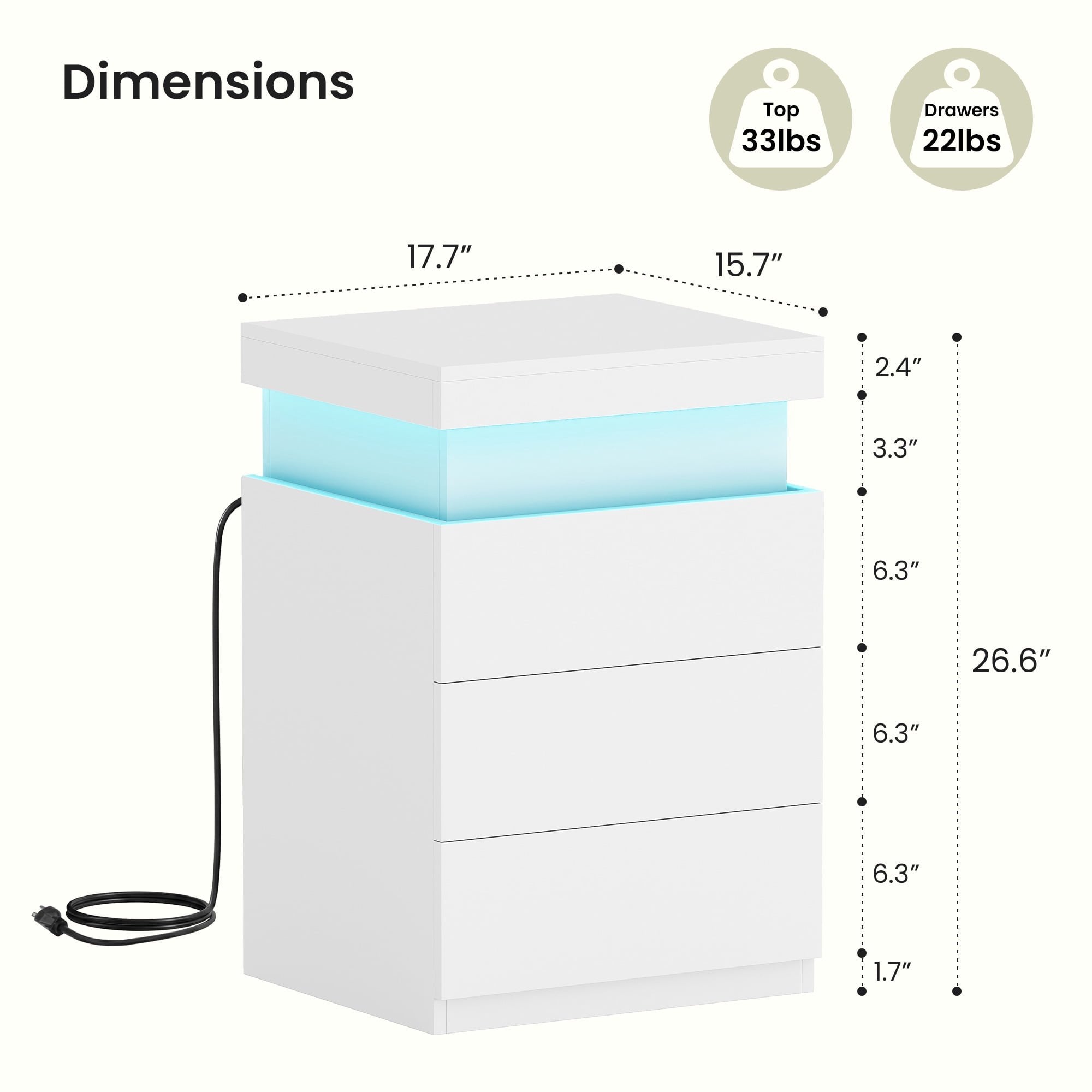 JIOABL Nightstand with Charging Station and RGB LED Light, 3 Drawers, Sliding Top, Bedside Table for Bedroom, Living Room and Dorm