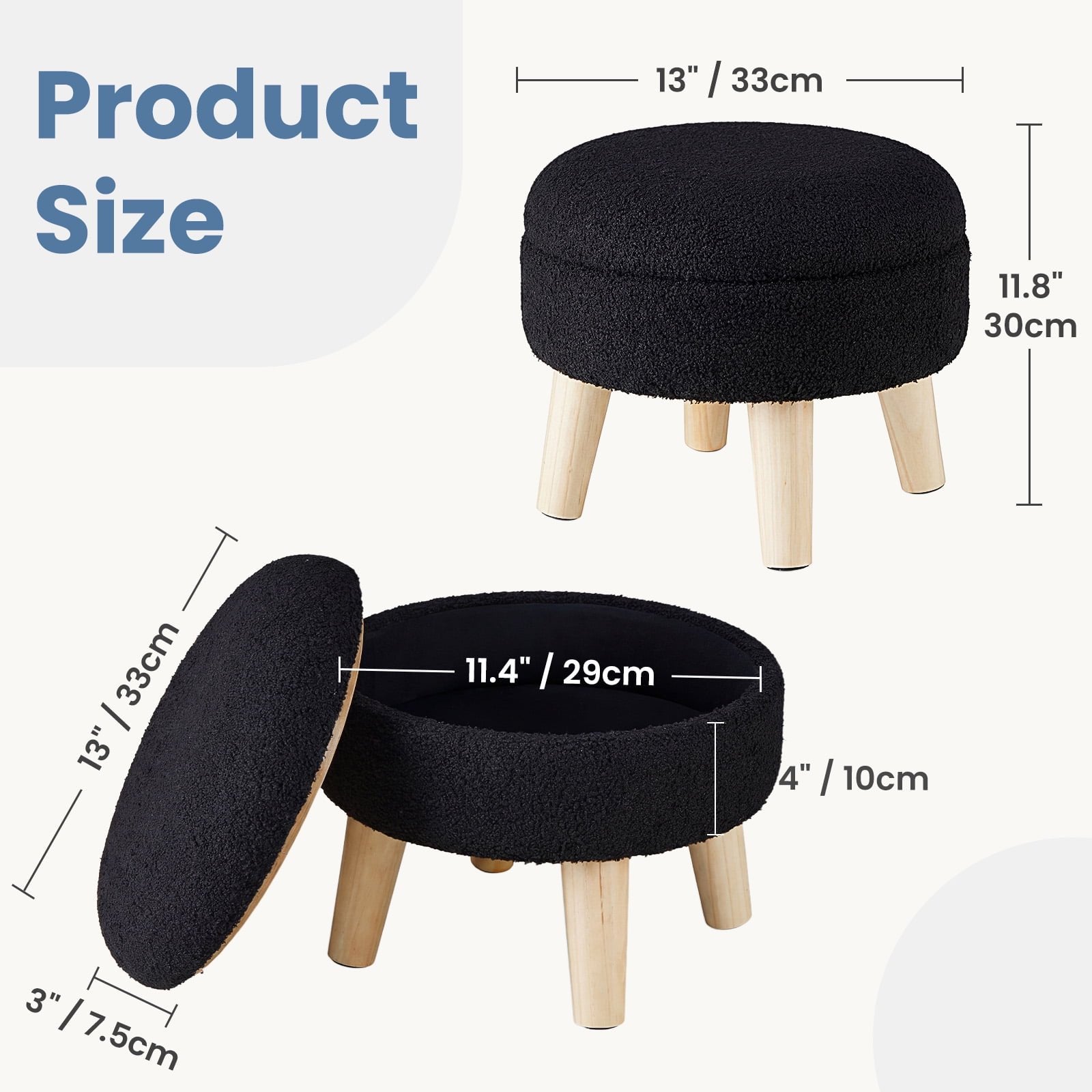 JIOABL Ottoman with Storage, 350lbs Capacity, Soft Teddy Fabric, Round Footrest, Wooden Legs, for Living Room & Bedroom