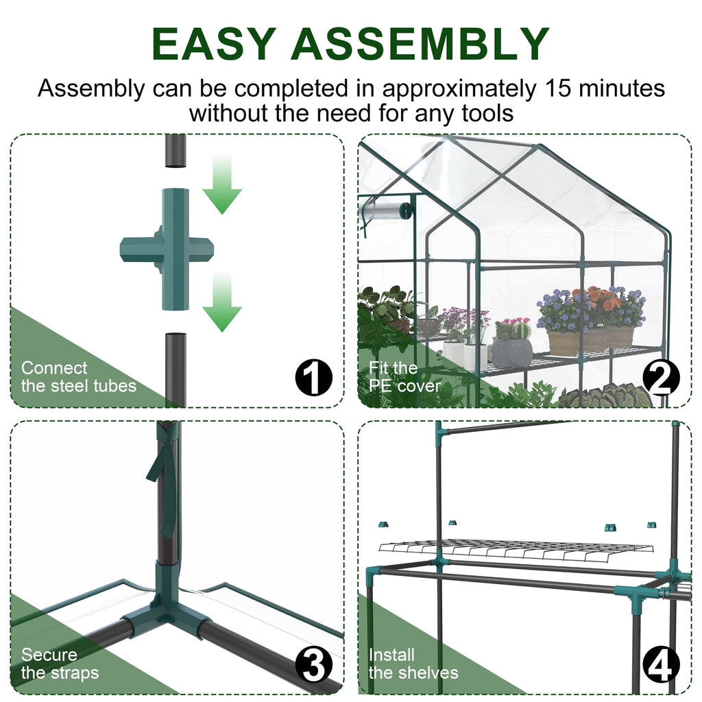 JIOABL 3-Tier Walk-In Greenhouse with PVC Cover, Roll-Up Zipper Door & Side Windows, Steel Frame, Outdoor Plant Greenhouse for Garden, Patio, Glear