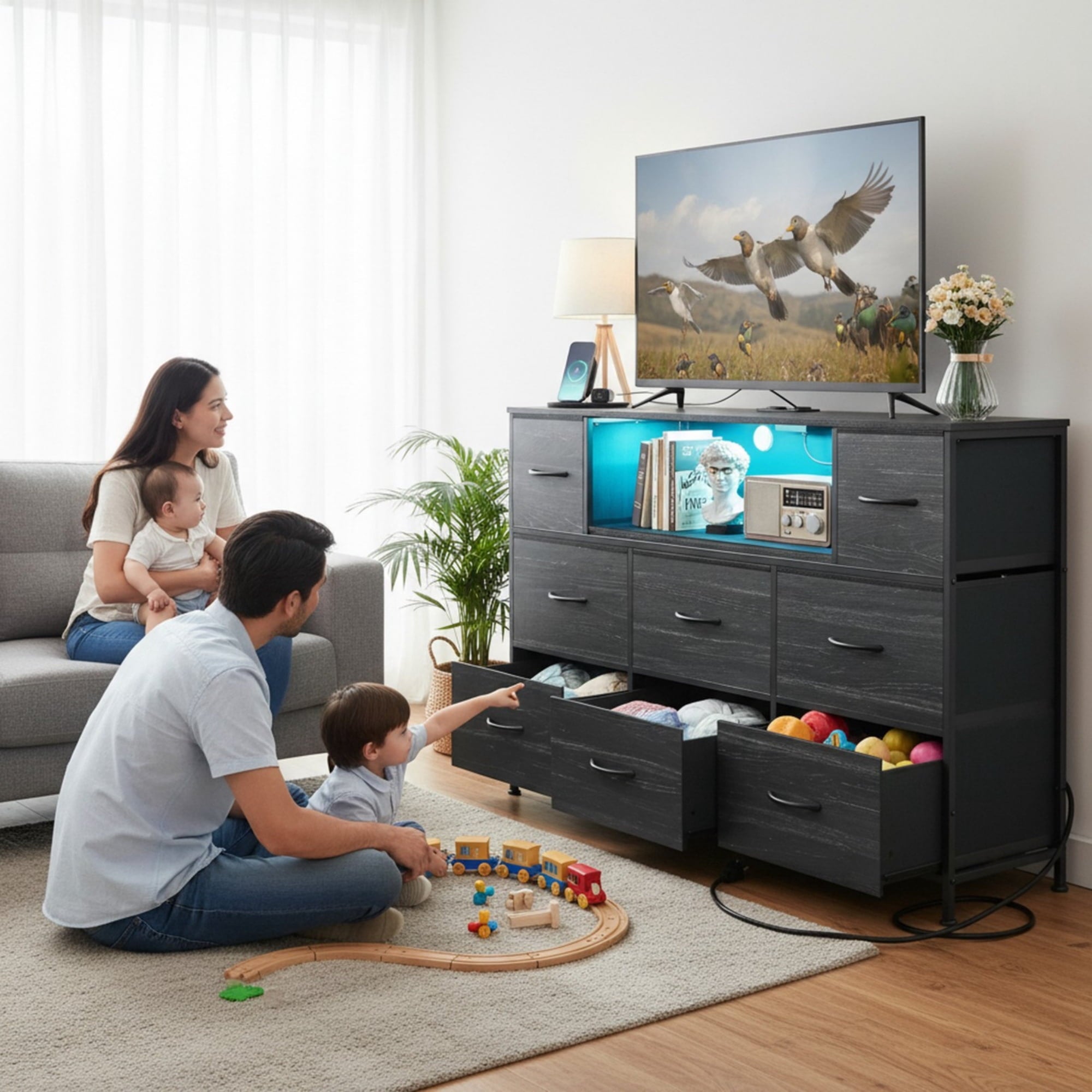 JIOABL TV Stand with 8 Fabric Drawers & Power Outlet, LED TV Console with USB & Type-C, Storage Dresser for Living Room