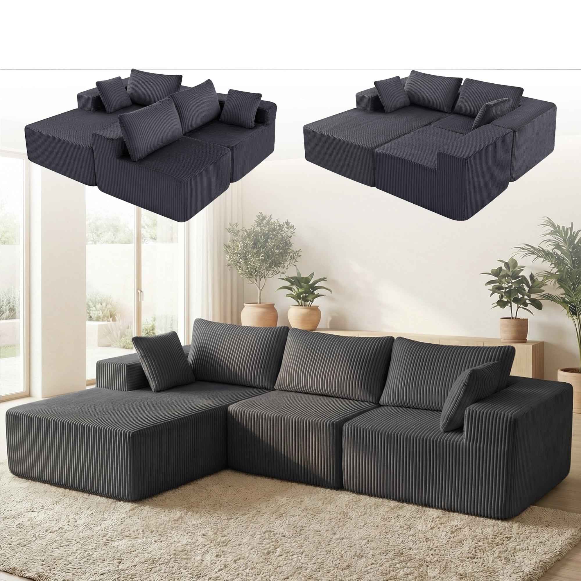 JIOABL 108" Modular Sectional Sofa, Fluffy Memory Foam Upholstered Couch, 4 Seat Modular Sofa for Living Room, Chaise Lounge