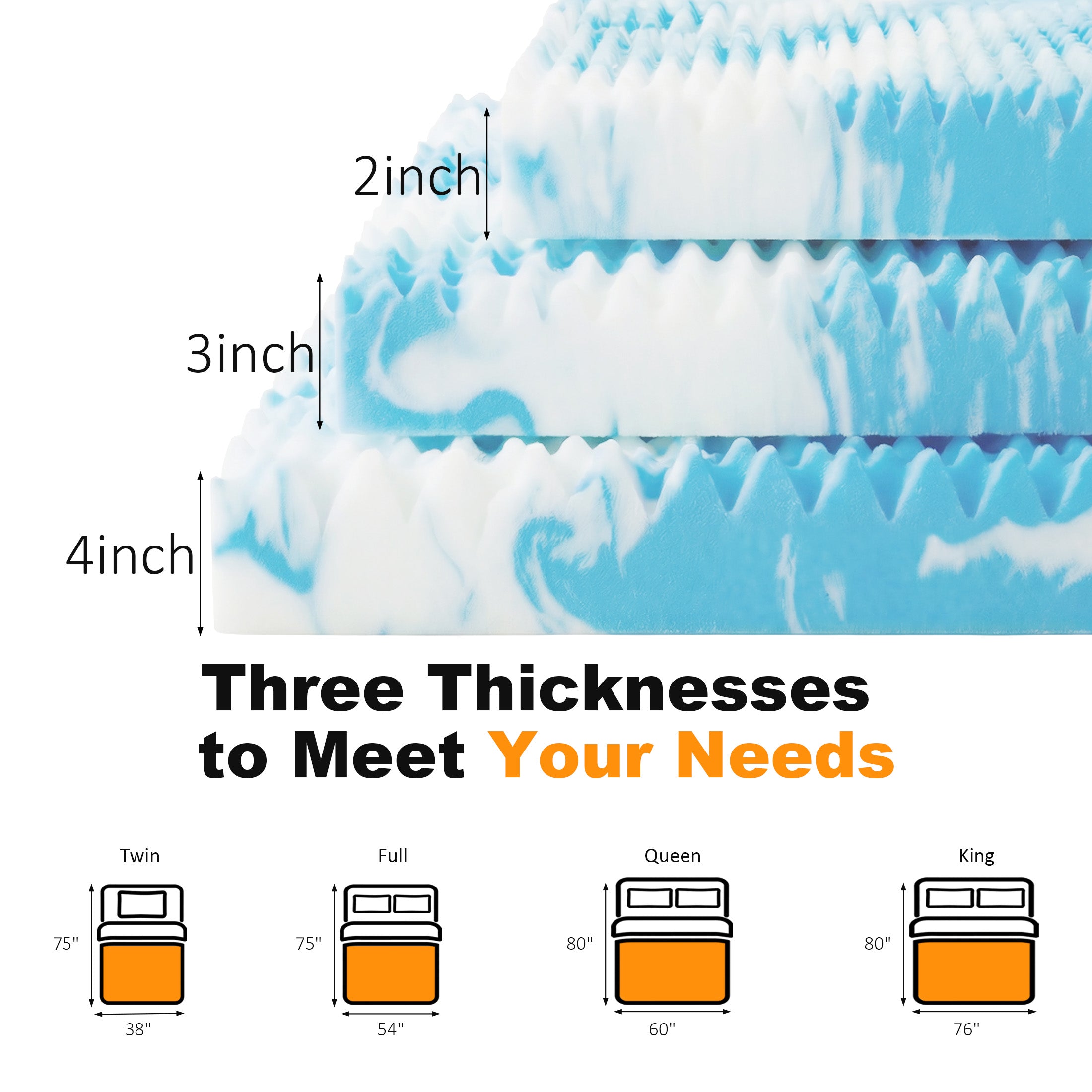 JIOABL Memory Foam Mattress Topper, 5-Zone Support, Gel Infused Cooling, Pressure Relief, CertiPUR-US for Bed, Sofa, RV