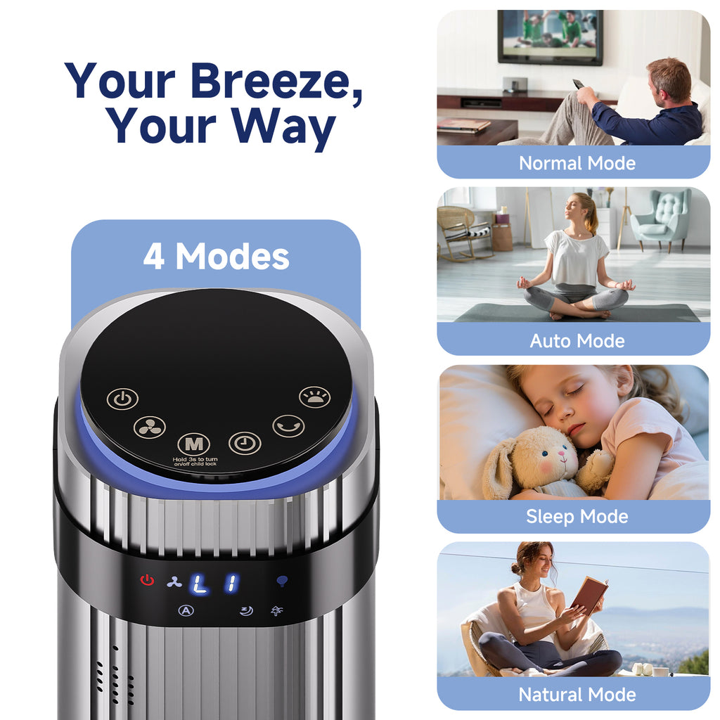 JIOABL Bladeless Tower Fan: 5 Speed Settings, 4 Modes, 25Ft/s Breeze, & Customizable Timer for Peaceful Sleep & Optimal Airflow