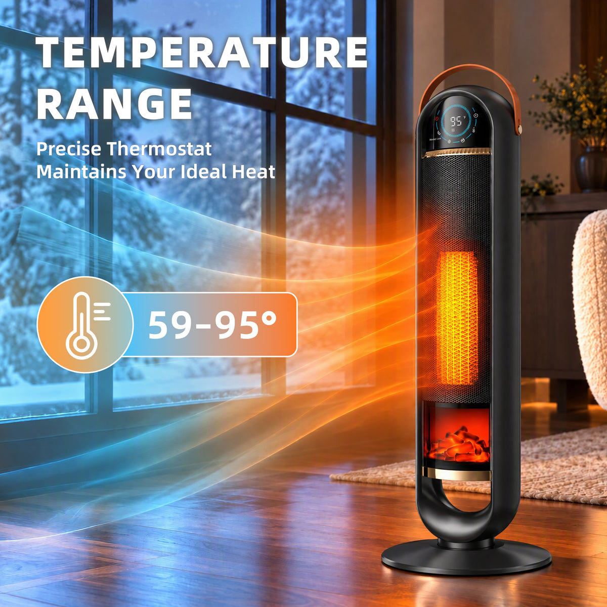 JIOABL Tall Tower Flame Heater with Light | 1500W, 4 Functions, 3s Quick Heat, 2 Heat Settings, Low Noise, Oscillation & Timer