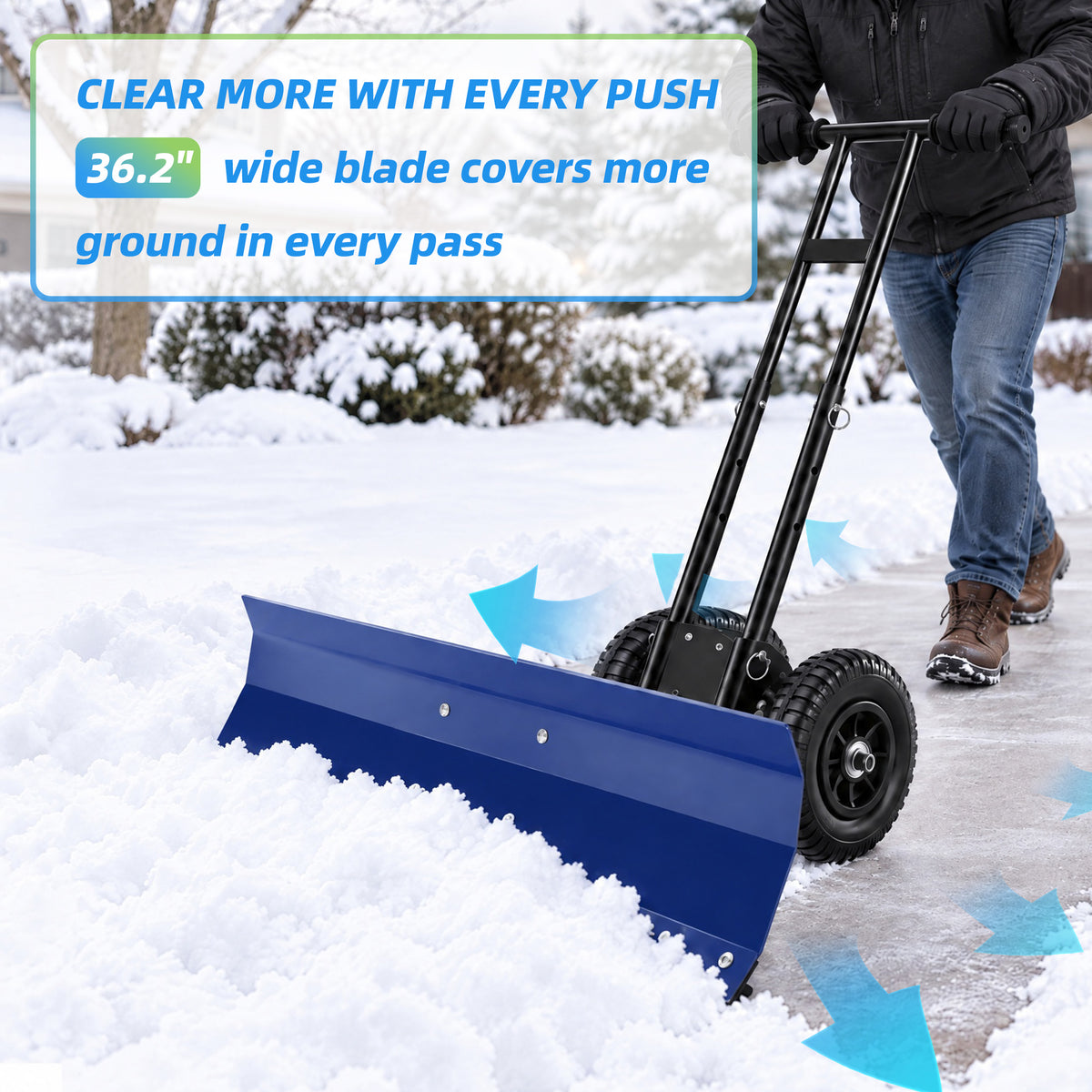 JIOABL 36 inch Snow Pusher with Wheels, Galvanized Steel Snow Plow, Adjustable Blade Angle & Handle for Driveway, Sidewalk & Walkway