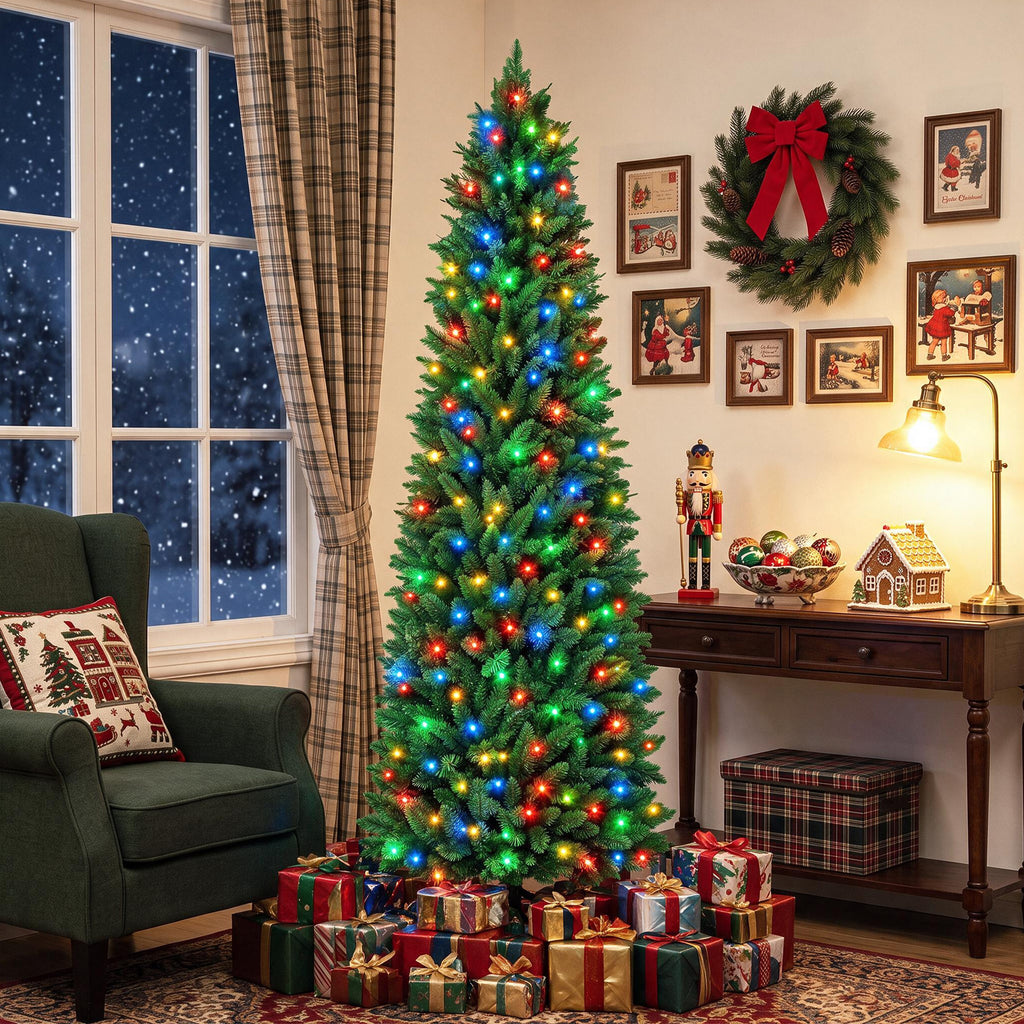 JIOABL Pre-Lit Fraser Fir Pencil Artificial Christmas Tree, Premium Multicolor LED Lights