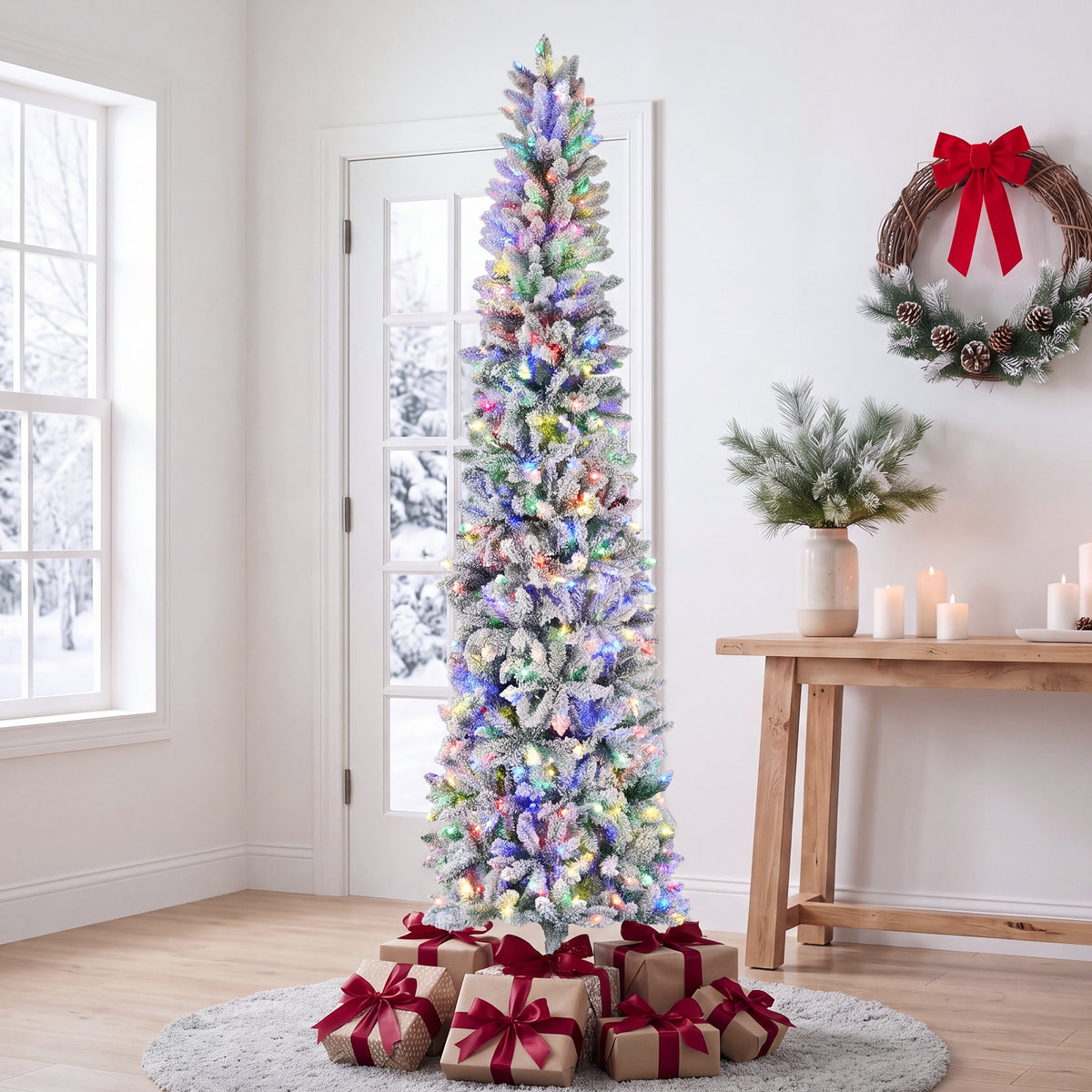 JIOABL Pre-Lit Fraser Fir Pencil Artificial Christmas Tree, Premium Multicolor LED Lights