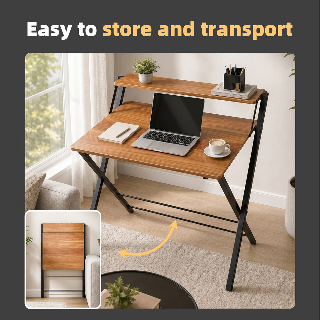 JIOABL No Assembly Folding Desk with Shelf – 2-Tier Compact Space-Saving Laptop Computer Table, Portable Study Workstation for Small Apartment, Dorm, Bedroom & Home Office
