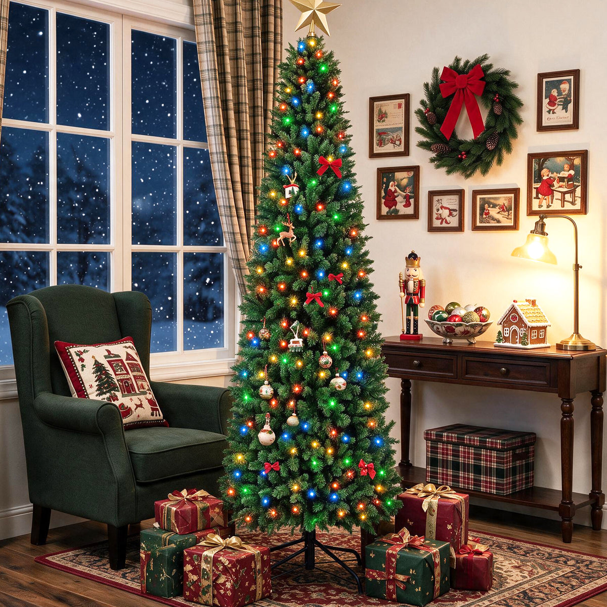 JIOABL Pre-Lit Fraser Fir Pencil Artificial Christmas Tree, Premium Multicolor LED Lights