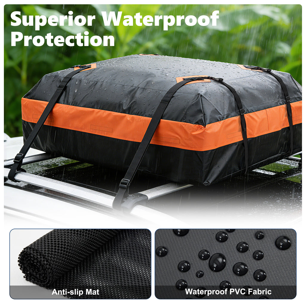JIOABL Waterproof Car Roof Bag, 15 Cu Ft Rooftop Cargo Carrier with 6 Safety Hooks, Anti-Slip Mat, Lock, and Storage Bag for Cars & SUVs