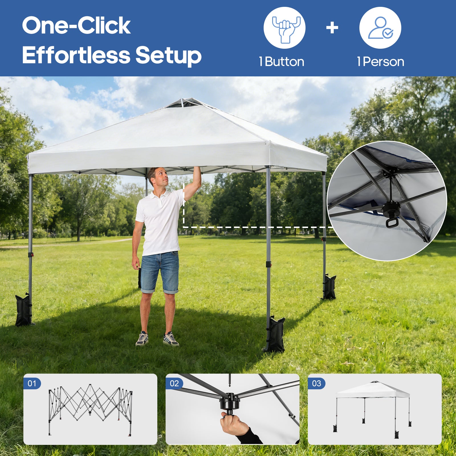 JIOABL 10x10ft One-Touch Instant Canopy, Waterproof, UV-Resistant, Heavy-Duty & Corrosion-Proof for Effortless Outdoor Shelter, White