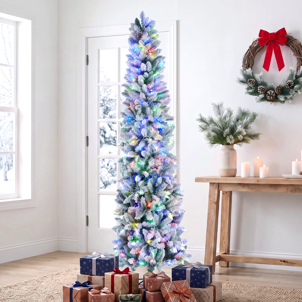 JIOABL Pre-Lit Fraser Fir Pencil Artificial Christmas Tree, Premium Multicolor LED Lights