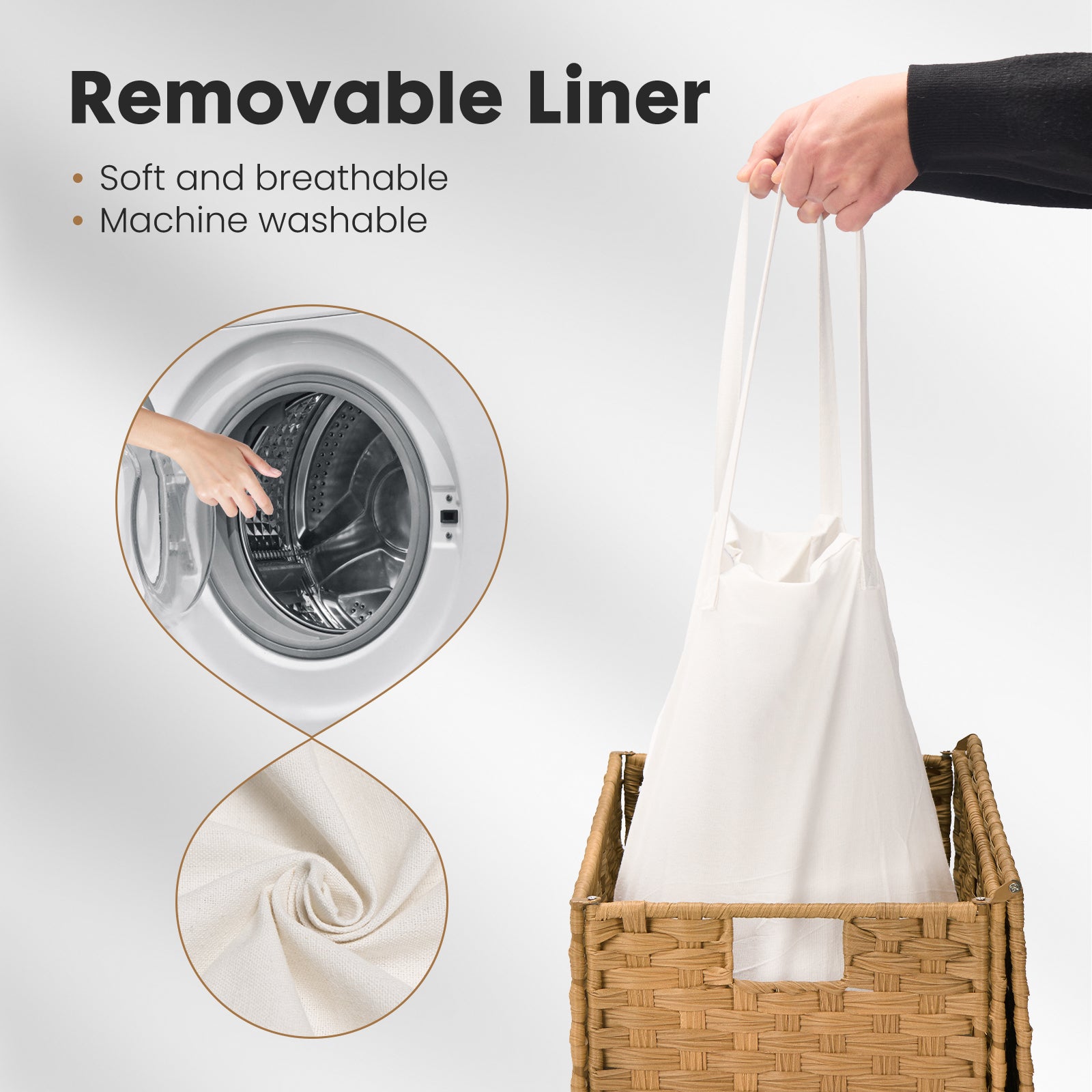 JIOABL Laundry Hamper with Lid, Clothes Hamper with Removable Liner Bags, Synthetic Rattan Laundry Basket for Clothes Toys in Bathroom Bedroom