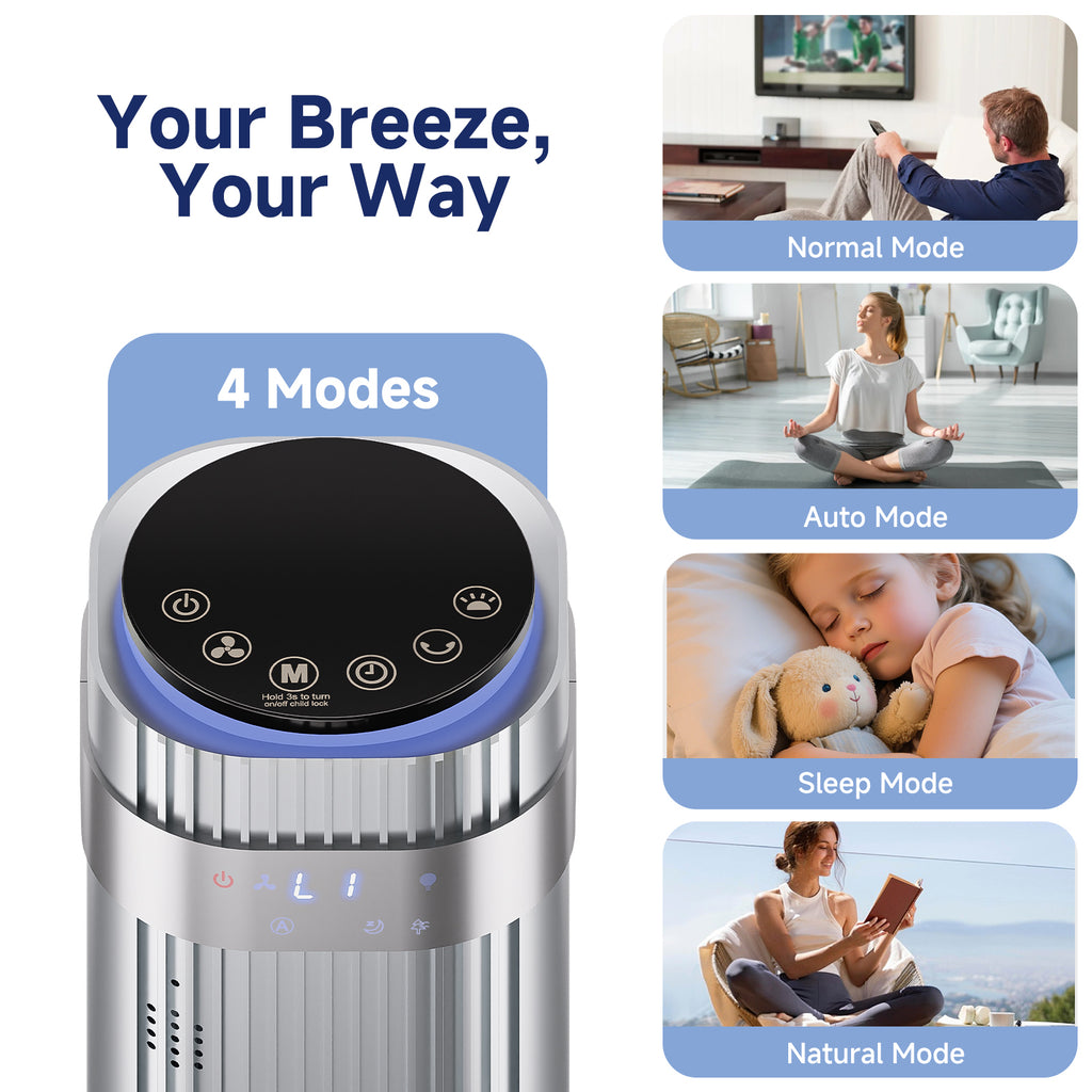 JIOABL Bladeless Tower Fan: 5 Speed Settings, 4 Modes, 25Ft/s Breeze, & Customizable Timer for Peaceful Sleep & Optimal Airflow