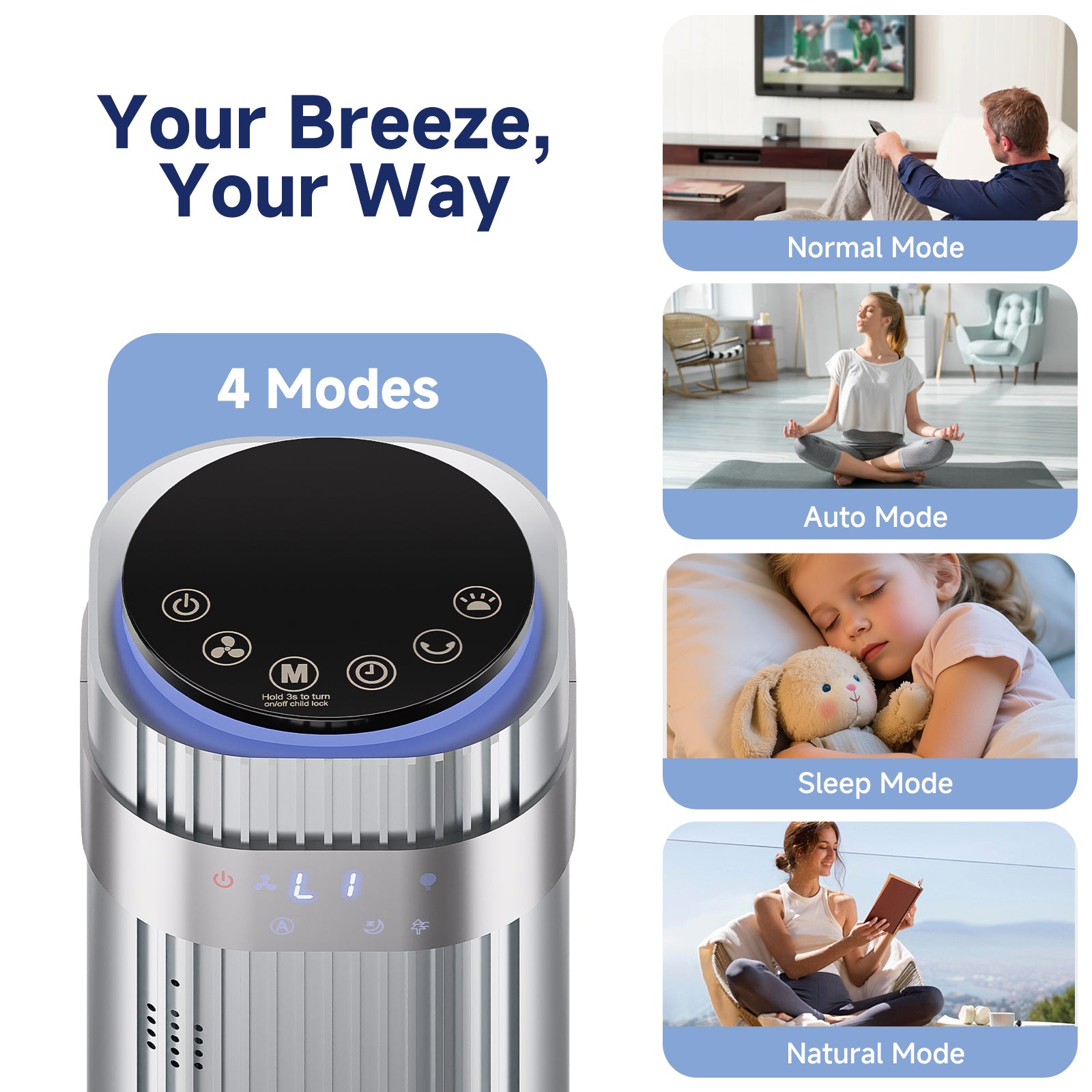 JIOABL Bladeless Tower Fan: 5 Speed Settings, 4 Modes, 25Ft/s Breeze, & Customizable Timer for Peaceful Sleep & Optimal Airflow