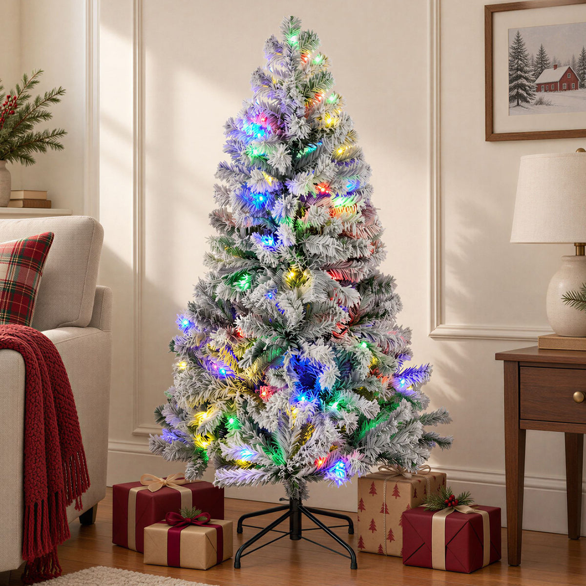 JIOABL Flocked Pre-lit Artificial Christmas Tree with Premium Multicolor Lights