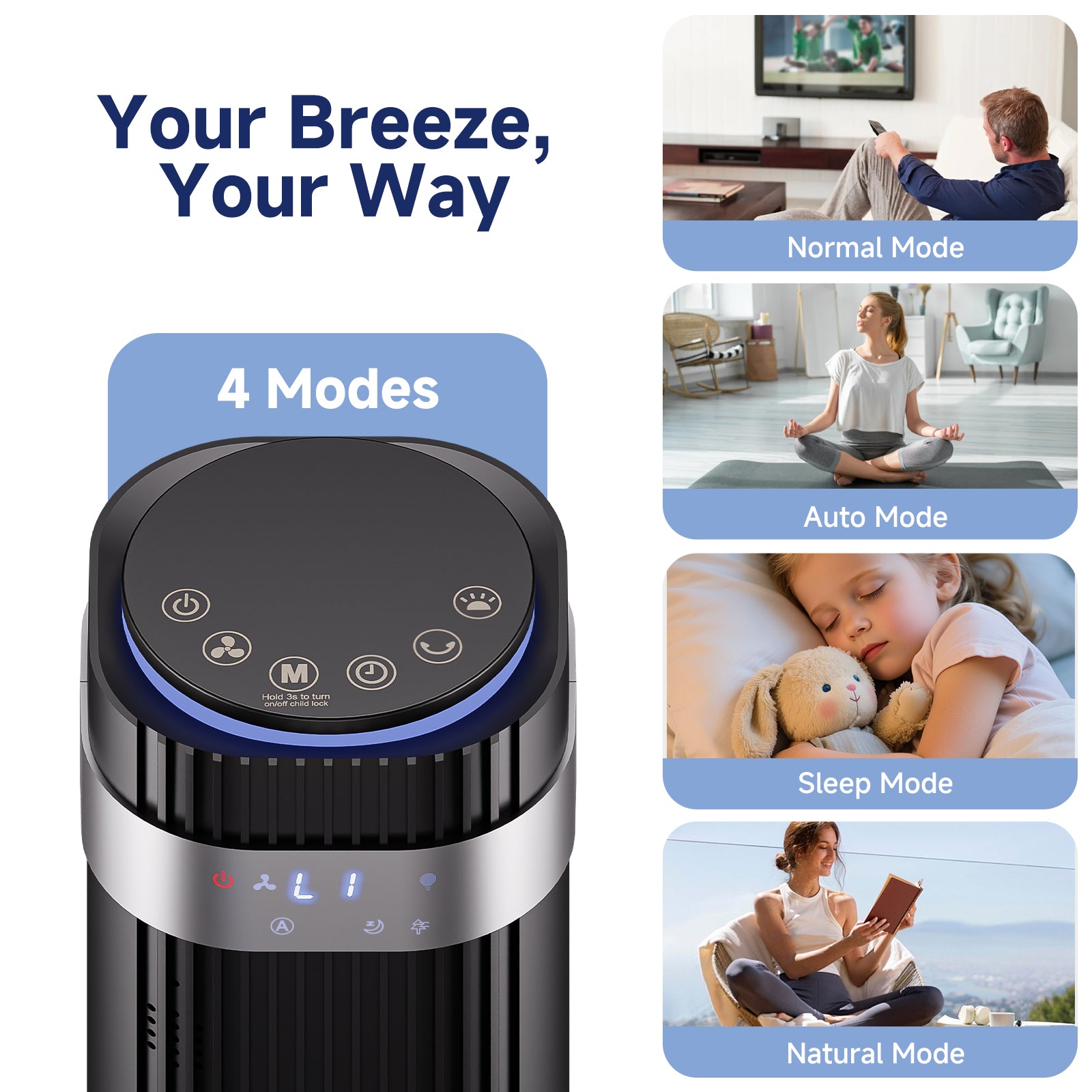 JIOABL Bladeless Tower Fan: 5 Speed Settings, 4 Modes, 25Ft/s Breeze, & Customizable Timer for Peaceful Sleep & Optimal Airflow