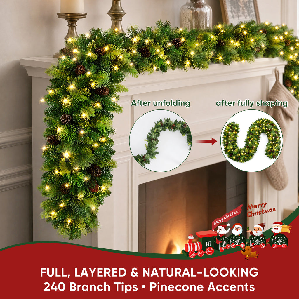 JIOABL 9 ft Pre-Lit Christmas Garland with Warm LED Lights, Artificial Pine Garland for Mantel, Staircase, Doorway and Holiday Decor