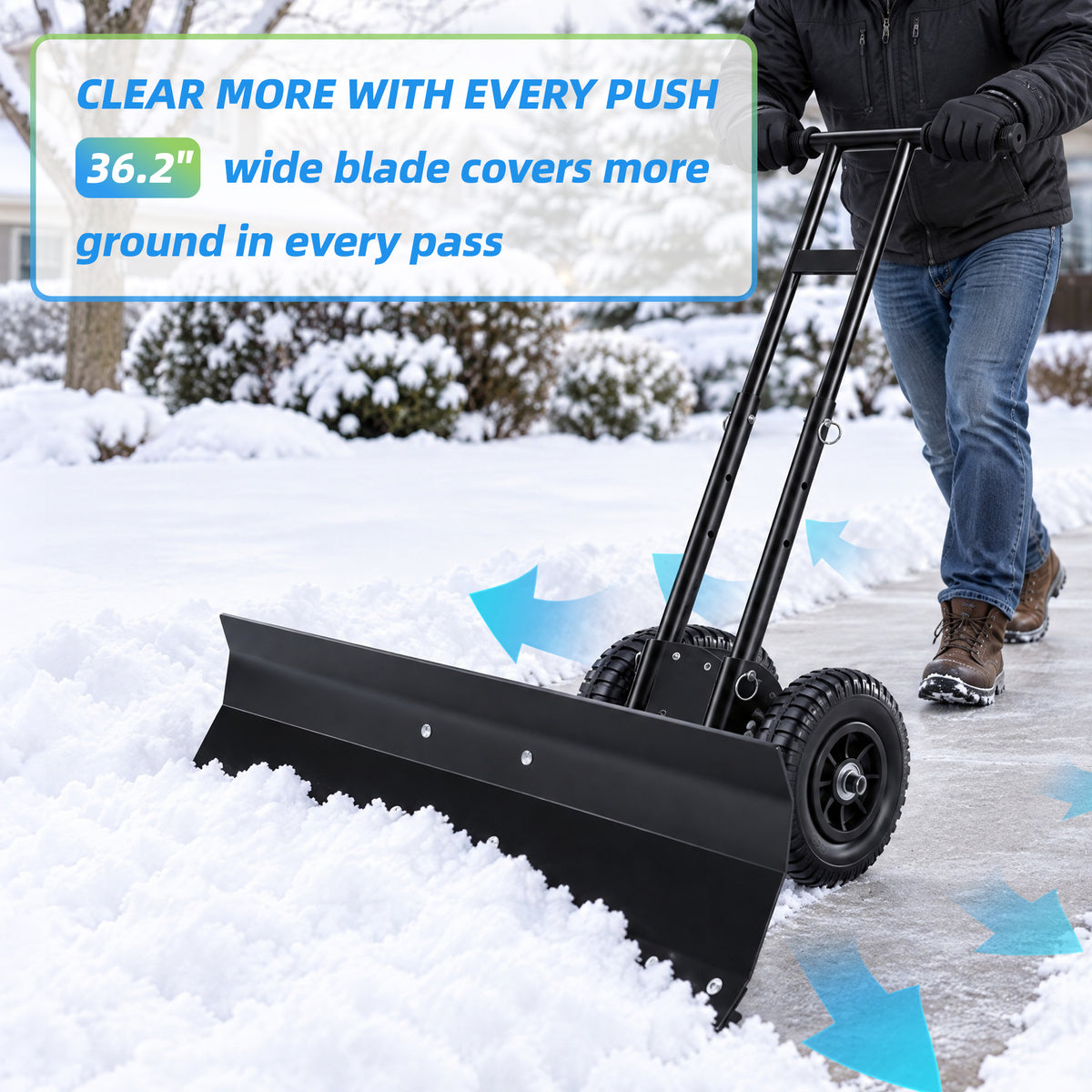 JIOABL 36 inch Snow Pusher with Wheels, Galvanized Steel Snow Plow, Adjustable Blade Angle & Handle for Driveway, Sidewalk & Walkway