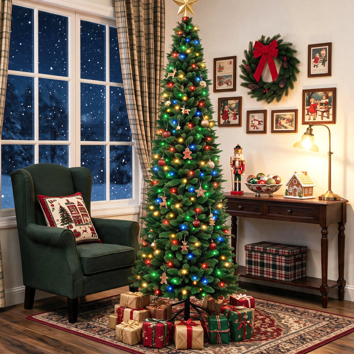 JIOABL Pre-Lit Fraser Fir Pencil Artificial Christmas Tree, Premium Multicolor LED Lights