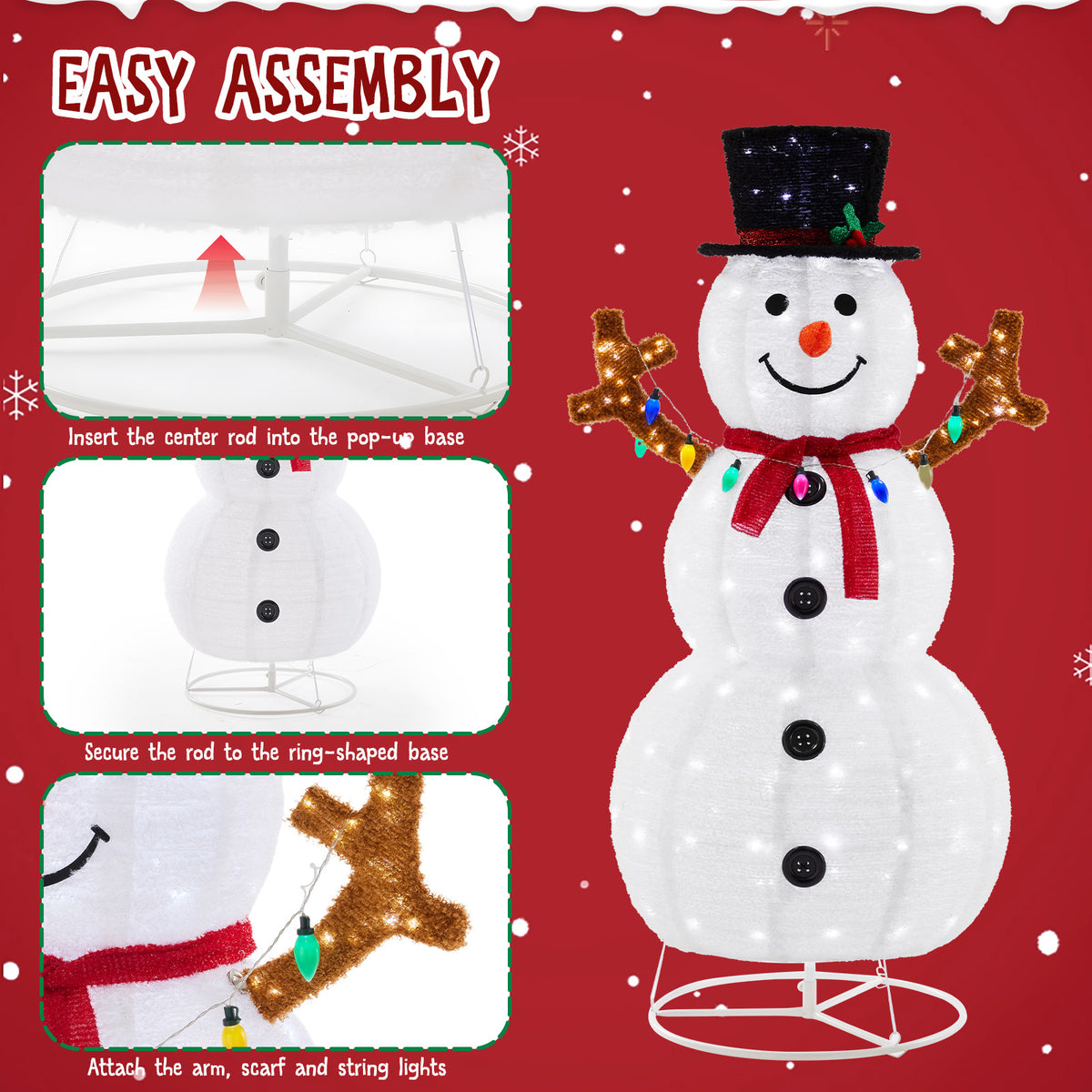 JIOABL 5ft Lighted Snowman, Large Outdoor Christmas Decoration with 200 LED Lights, Multicolored Scarf and Hat