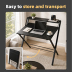 JIOABL No Assembly Folding Desk with Shelf – 2-Tier Compact Space-Saving Laptop Computer Table, Portable Study Workstation for Small Apartment, Dorm, Bedroom & Home Office