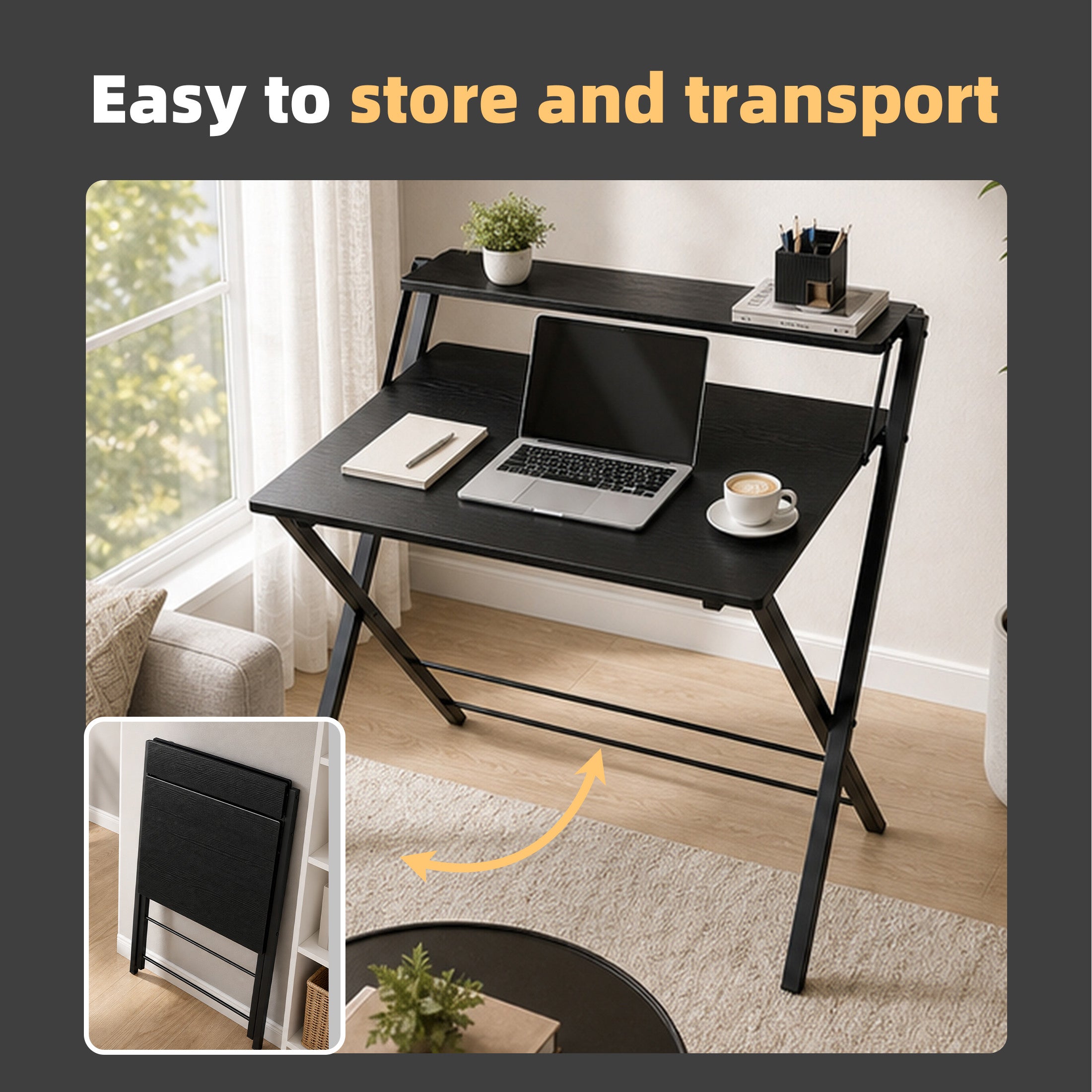 JIOABL No Assembly Folding Desk with Shelf – 2-Tier Compact Space-Saving Laptop Computer Table, Portable Study Workstation for Small Apartment, Dorm, Bedroom & Home Office