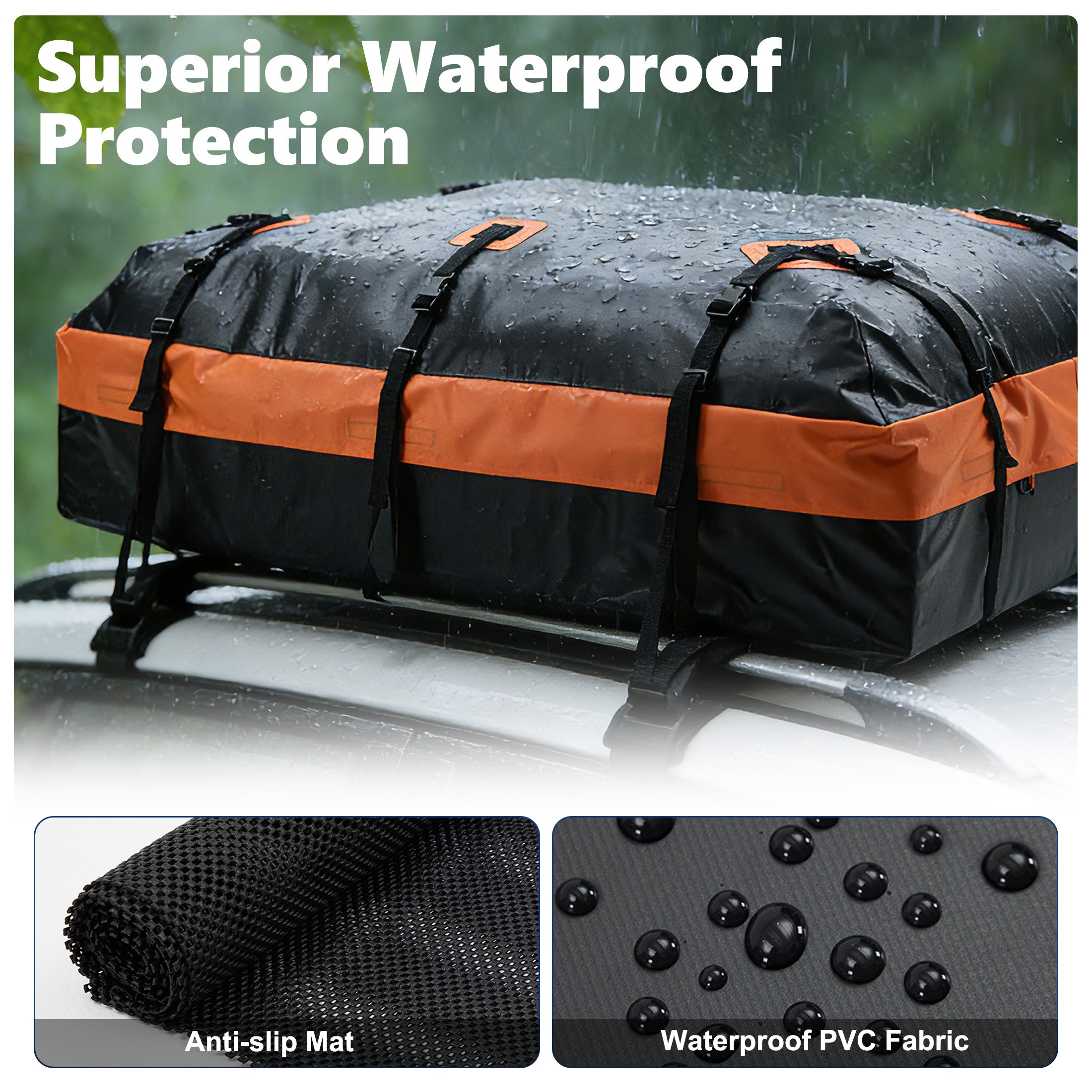 JIOABL Waterproof Car Roof Bag, 15 Cu Ft Rooftop Cargo Carrier with 6 Safety Hooks, Anti-Slip Mat, Lock, and Storage Bag for Cars & SUVs