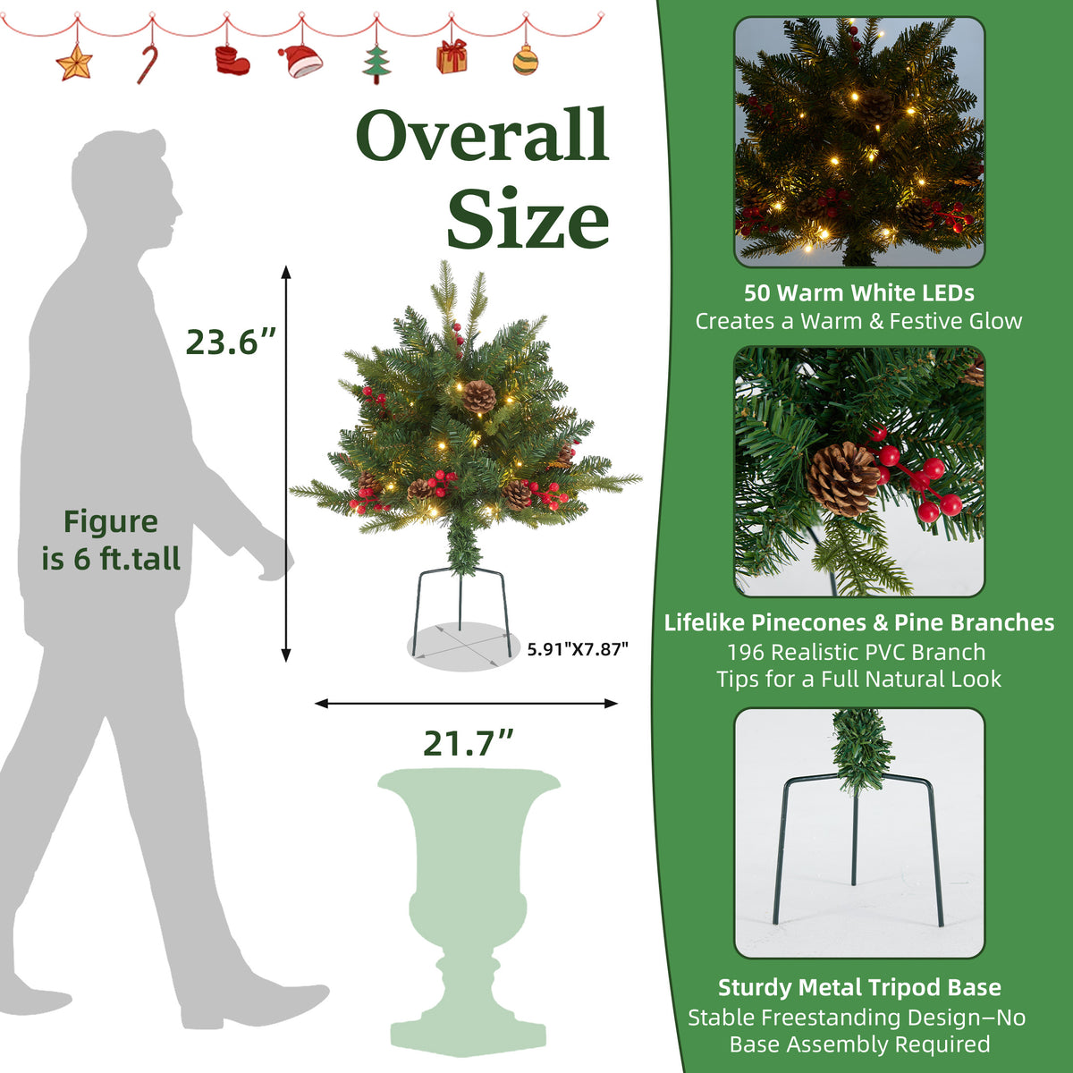JIOABL Lighted Christmas Urn Filler, 24 in Artificial Pine Branches with 50 Warm White LEDs, 8 Modes and Timer, Indoor Outdoor Decor