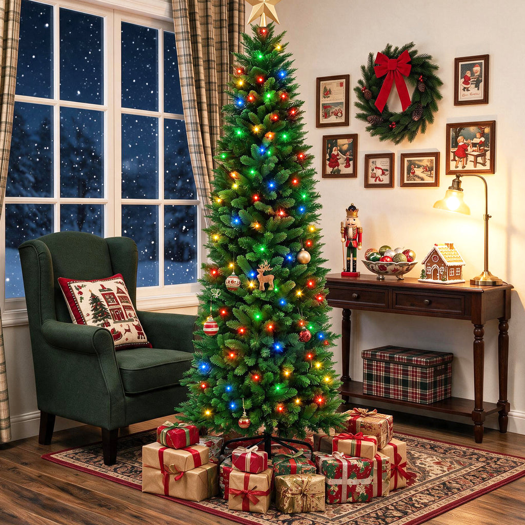 JIOABL Pre-Lit Fraser Fir Pencil Artificial Christmas Tree, Premium Multicolor LED Lights