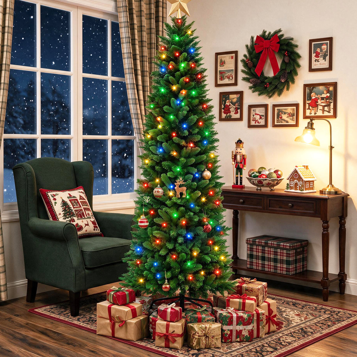 JIOABL Pre-Lit Fraser Fir Pencil Artificial Christmas Tree, Premium Multicolor LED Lights