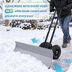 JIOABL 36 inch Snow Pusher with Wheels, Galvanized Steel Snow Plow, Adjustable Blade Angle & Handle for Driveway, Sidewalk & Walkway