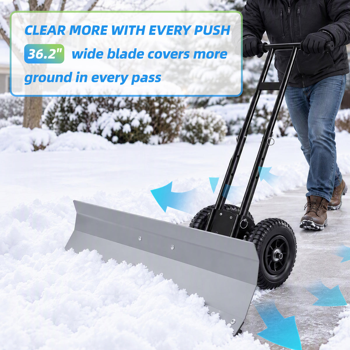 JIOABL 36 inch Snow Pusher with Wheels, Galvanized Steel Snow Plow, Adjustable Blade Angle & Handle for Driveway, Sidewalk & Walkway