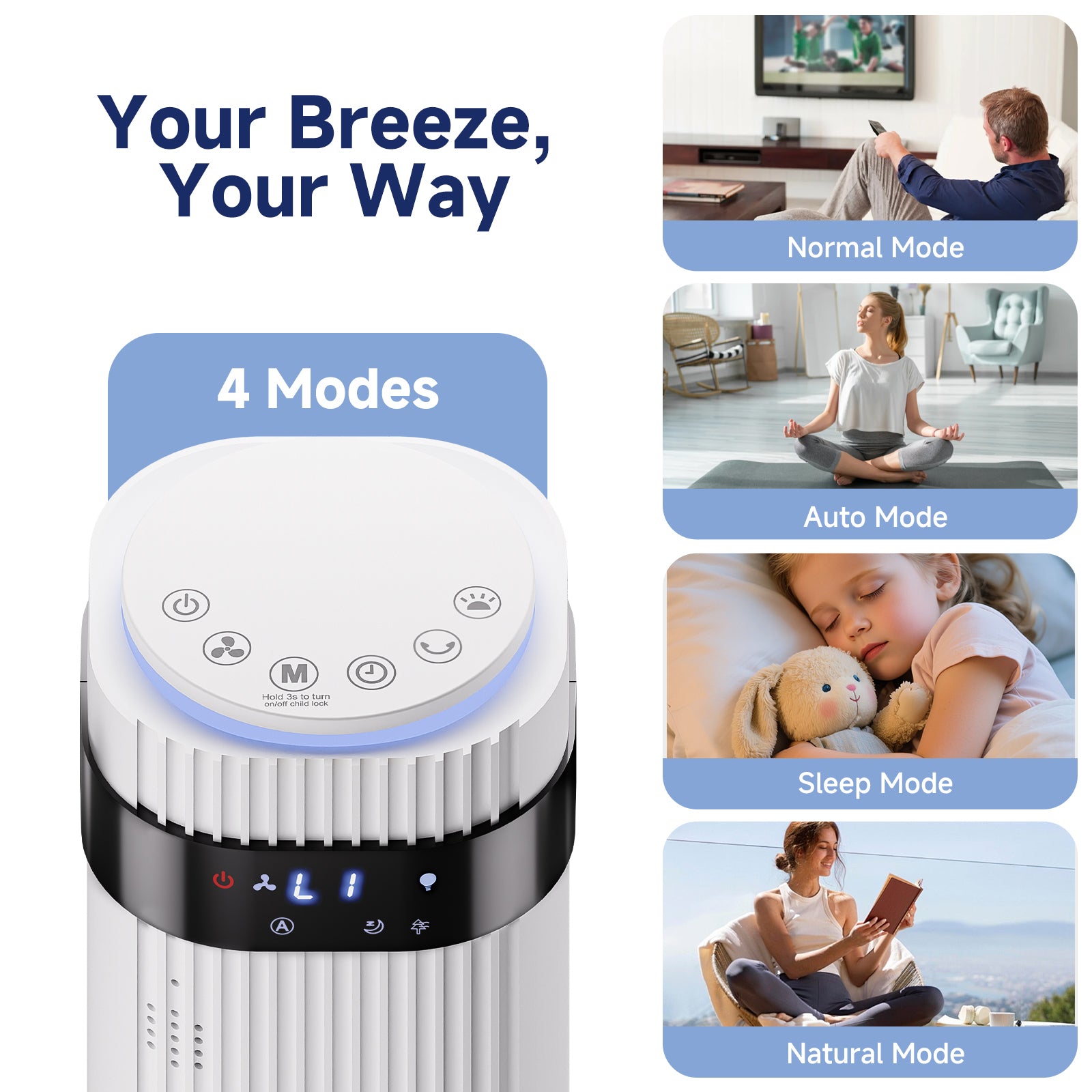 JIOABL Bladeless Tower Fan: 5 Speed Settings, 4 Modes, 25Ft/s Breeze, & Customizable Timer for Peaceful Sleep & Optimal Airflow