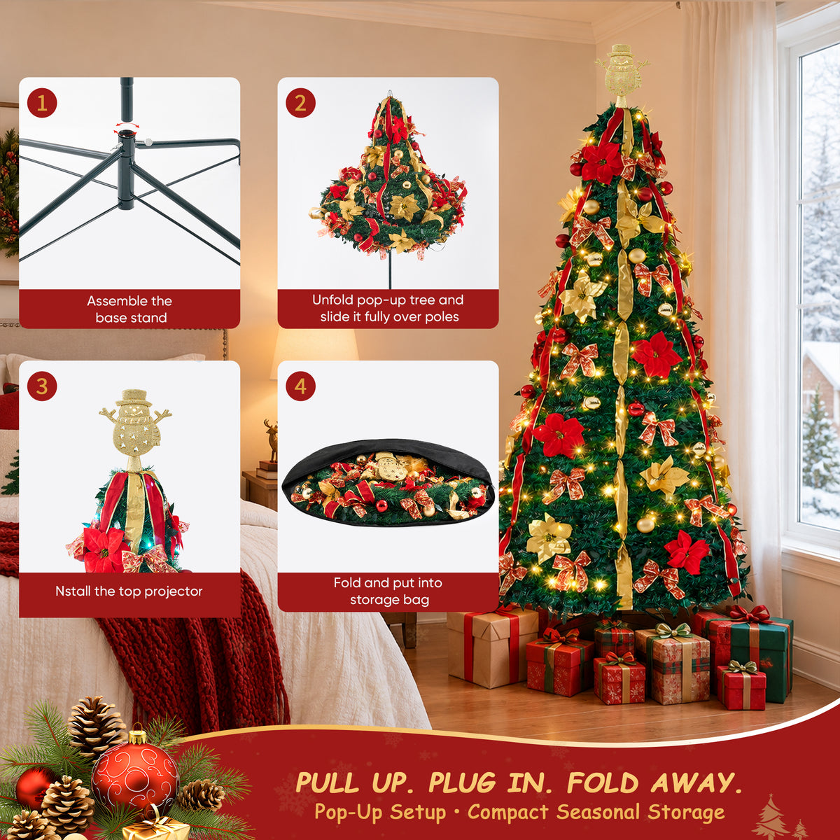 JIOABL 7FT Pop Up Christmas Tree, Pre-Lit with 200 LED Lights, Santa Projects Snowman, Fully Decorated, 7 Colors, 32 Light Modes with Remote, Stores Flat for Indoor Holiday Decor