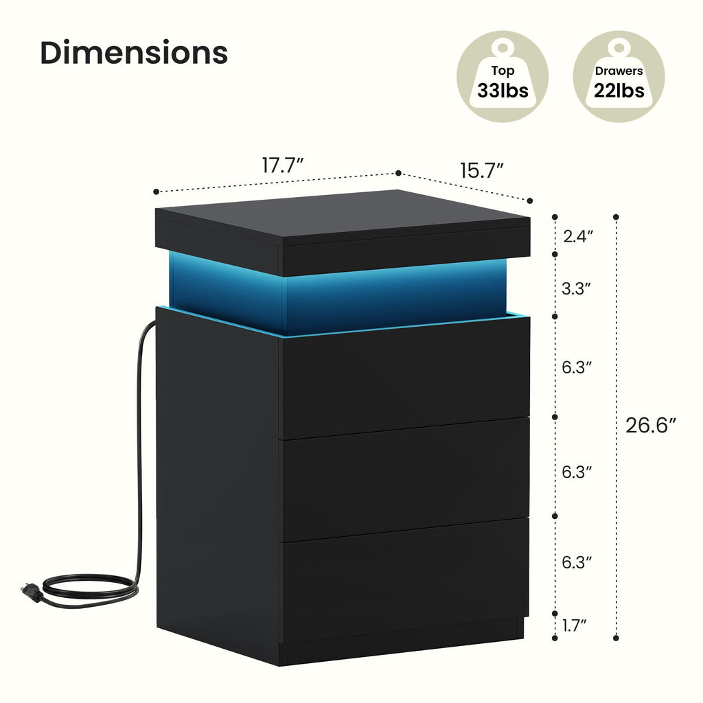 JIOABL Nightstand with Charging Station and RGB LED Light, 3 Drawers, Sliding Top, Bedside Table for Bedroom, Living Room and Dorm