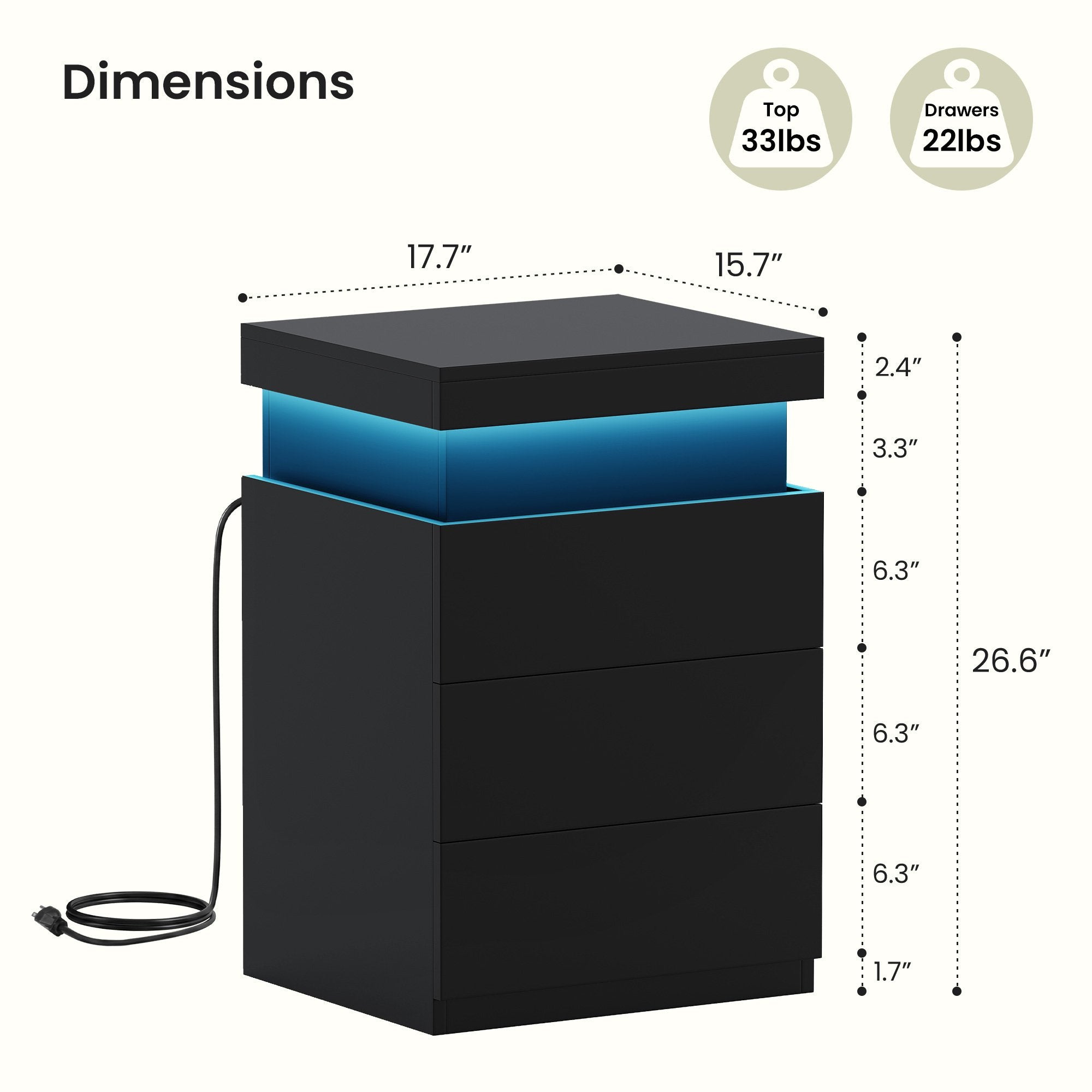 JIOABL Nightstand with Charging Station and RGB LED Light, 3 Drawers, Sliding Top, Bedside Table for Bedroom, Living Room and Dorm