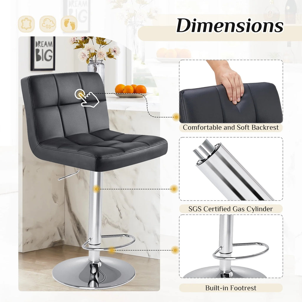 JIOABL Bar Stools, Armless Adjustable Swivel Barstools, PU Leather Hydraulic Kitchen Counter Height Bar Stools, Thickened Seat Cushion Square Island Barstools with Back