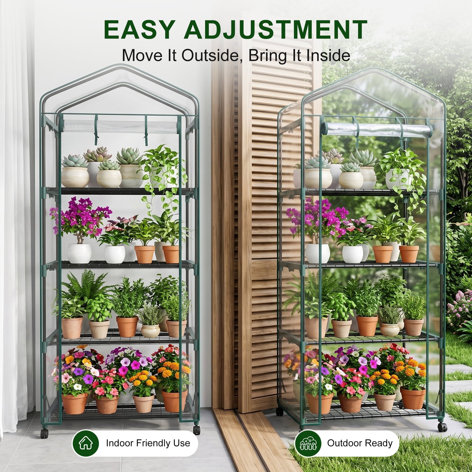 JIOABL 4-Tier Mini Greenhouse with Clear PVC Cover & Wheels, Portable Plant Grow House with Zipper Door, Steel Frame for Indoor & Outdoor Garden, Clear