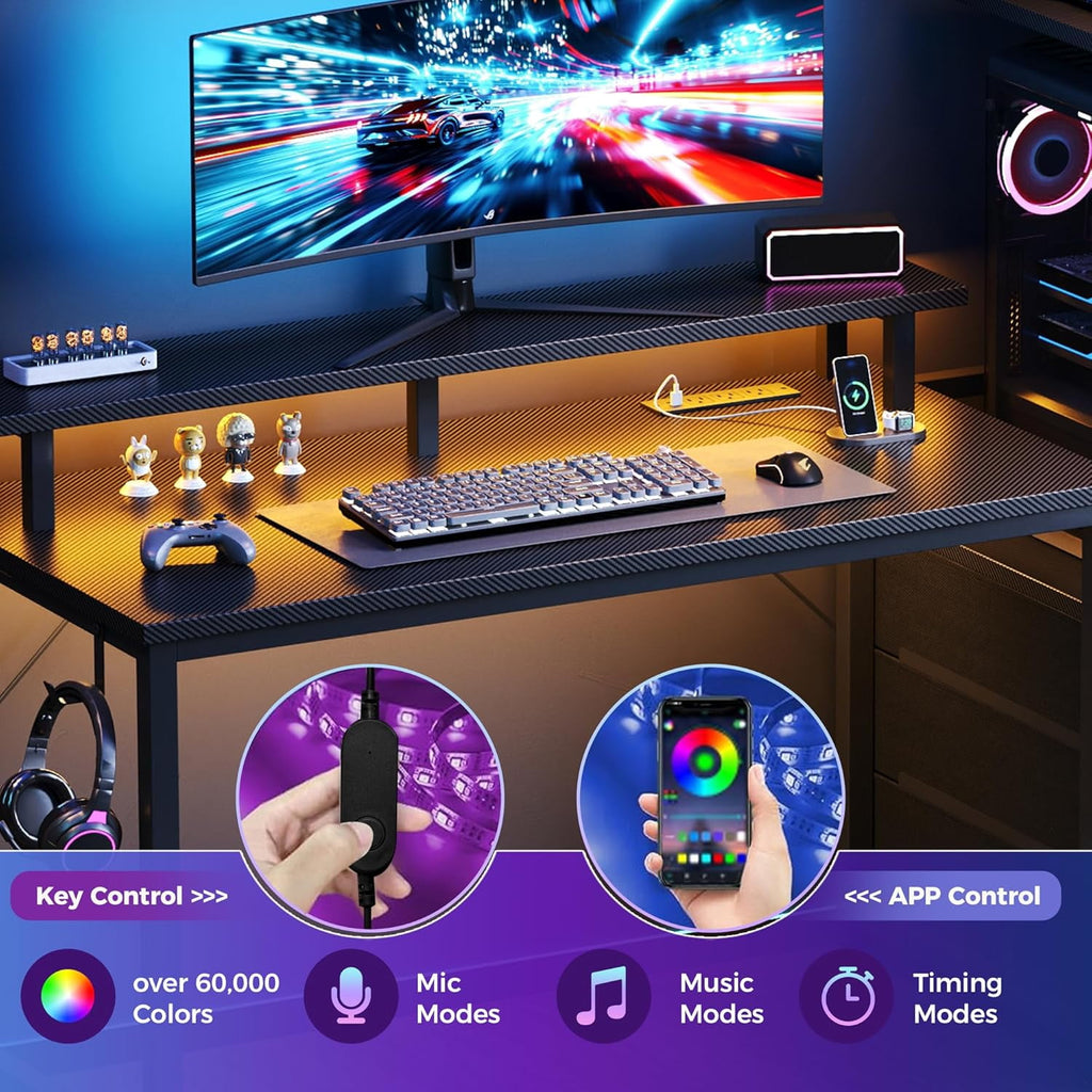 JIOABL Gaming Desk with RGB LED, Built-in Charging Station, Ergonomic Monitor Stand, Storage Drawers, Reversible Shelf, for Teens & Adults