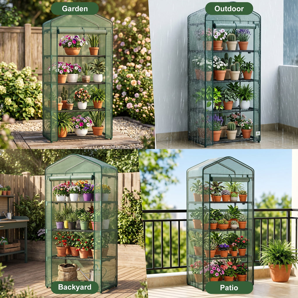 JIOABL 4-Tier Mini Greenhouse with PE Cover, Portable Plant Grow House with Zipper Door & Steel Frame for Indoor Outdoor Garden, Green