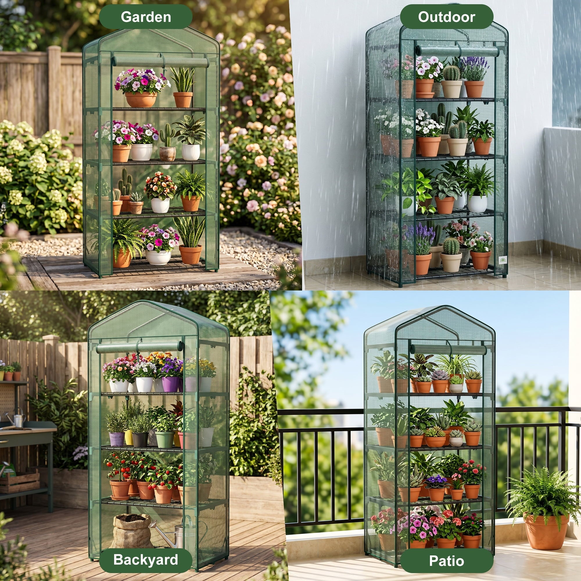 JIOABL 4-Tier Mini Greenhouse with PE Cover, Portable Plant Grow House with Zipper Door & Steel Frame for Indoor Outdoor Garden, Green
