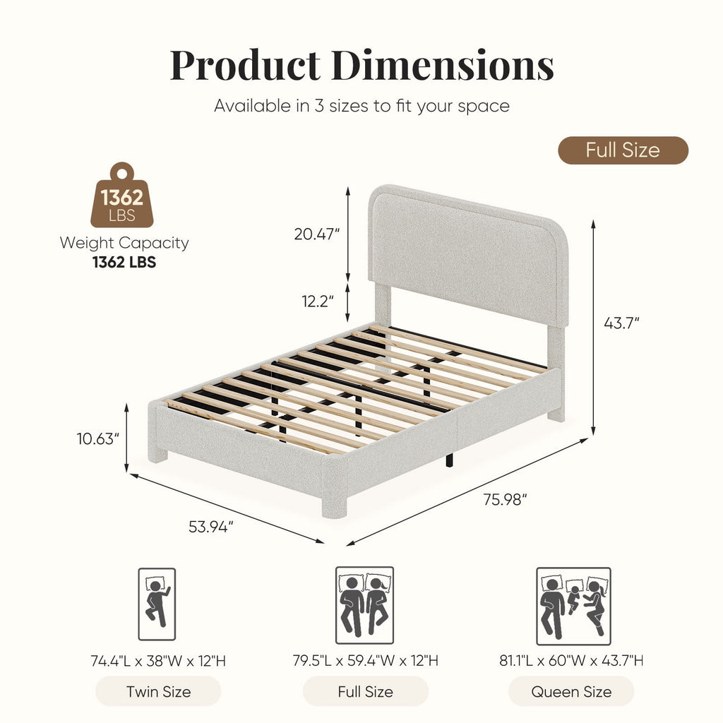 JIOABL Upholstered Platform Bed Frame with Adjustable Headboard, Teddy Fleece Fabric, No Box Spring Needed, White