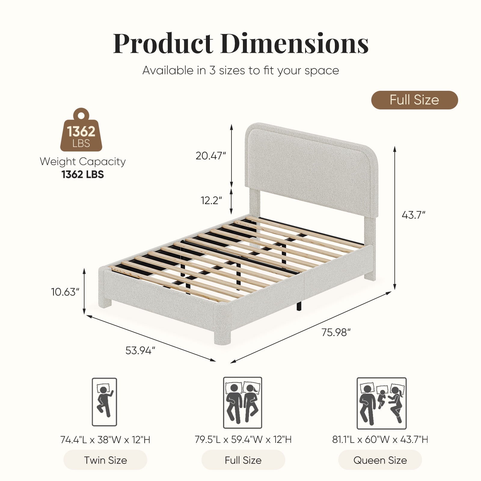 JIOABL Upholstered Platform Bed Frame with Adjustable Headboard, Teddy Fleece Fabric, No Box Spring Needed, White