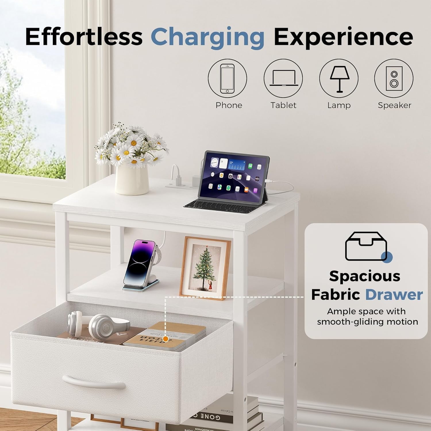 JIOABL Nightstand with USB & Type-C Charging, Fabric Drawers, Metal Frame